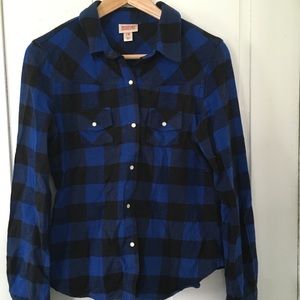 Blue and black plaid flannel shirt
